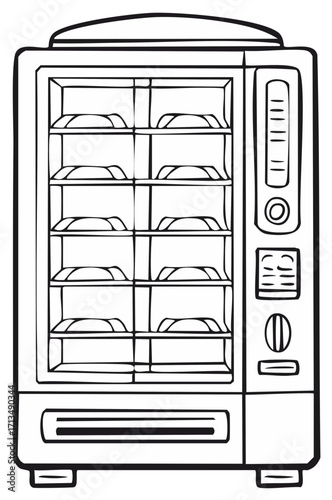 Hand drawn vending machine illustration with snacks and drinks available for purchase
