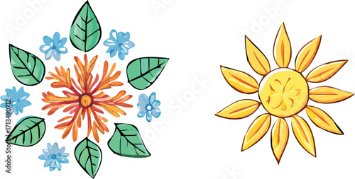 Watercolor sun and flower mandala elements for nature-themed designs vector