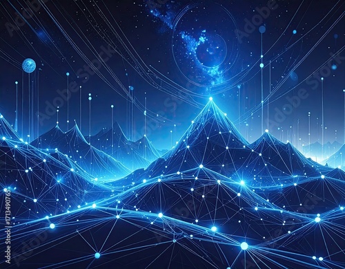 Abstract Blue Data Network Landscape Digital Glowing Lines and Dots