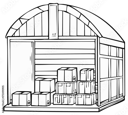 Storage Shed with Boxes Inside Outline Illustration of a small warehouse or garage structure containing stacks of cardboard boxes