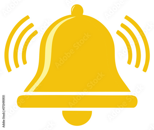 Illustration of a yellow bell ringing with curved lines, icon, notification