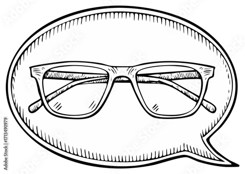 Eye Glasses Sketch Inside of a Speech Bubble, Hand Drawn Retro Illustration