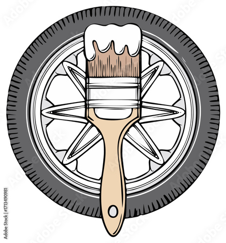 Paint brush with white paint dripping over car tire and wheel rim, automotive repair illustration graphic.