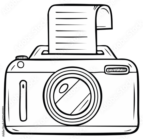 Illustration of a Point-and-Shoot Camera Printing Photos, Retro Design