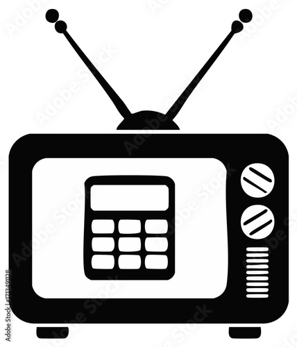 Vintage Television with Calculator on Screen and Antennae in Black and White