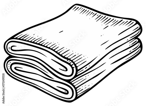 Stacked folded linens, with an engraving design, in black and white.