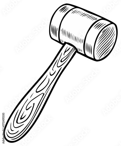 Line art illustration of a wooden mallet with wood grain texture on white