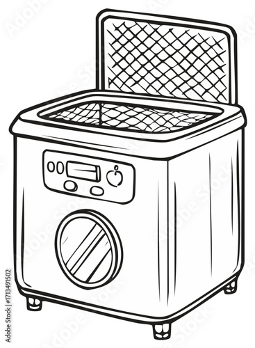 Illustration of a kitchen deep fryer, drawing with a basket and control panel