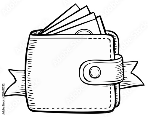 Money Stuffed into Wallet with Decorative Ribbons Graphic in Simple Line Art Style