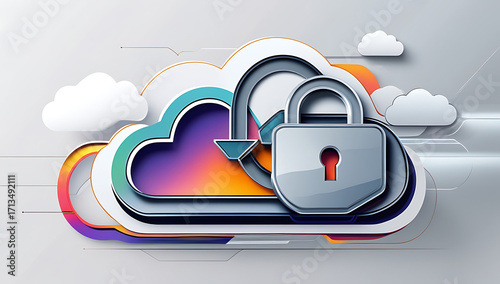 Abstract illustration of cloud security services, stylized cloud icon integrated with a secure padlock symbol, representing data protection and cybersecurity in cloud computing environments