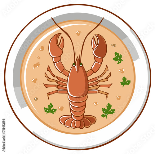 Gourmet lobster bisque soup with a whole crayfish cartoon illustration top view