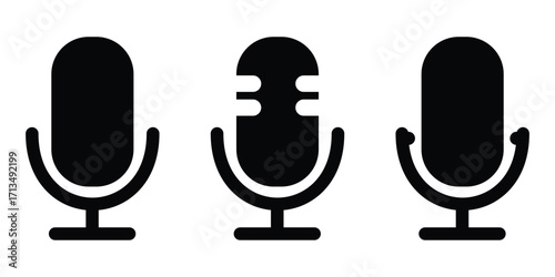 Audio and Music Icon Set – Microphone, Speaker, Headset, Equalizer, Play and Pause Symbols – Vector Illustration Collection