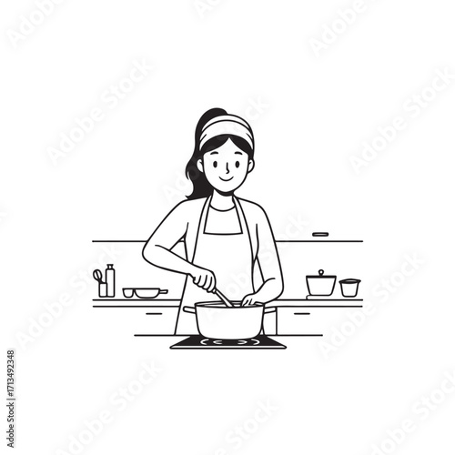 Black and White Vector Illustration of a Smiling Woman Cooking in Kitchen with Apron and Headband
