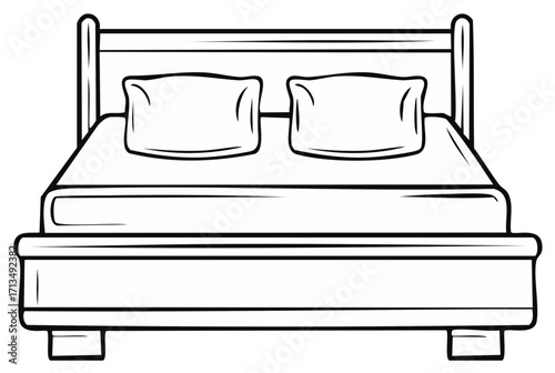 Black and white illustration of a bed with two pillows for bedroom decor