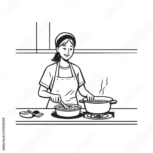Black and White Vector Illustration of a Smiling Woman Cooking in Kitchen with Apron and Headband