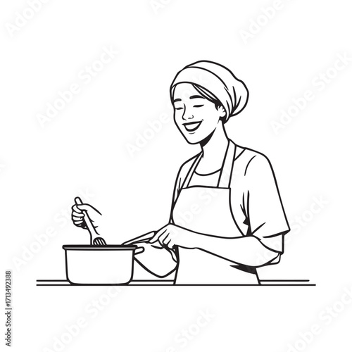 Black and White Vector Illustration of a Smiling Woman Cooking in Kitchen with Apron and Headband