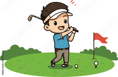 Cute chibi boy golfer in sporty outfit swinging happily. National Golf Day