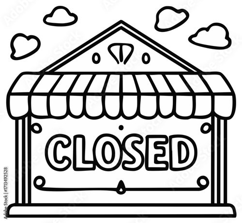 Closed shop sign with awning and clouds cartoon illustration for business or commerce.