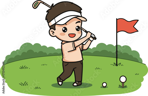 Cute chibi boy golfer in sporty outfit swinging happily. National Golf Day