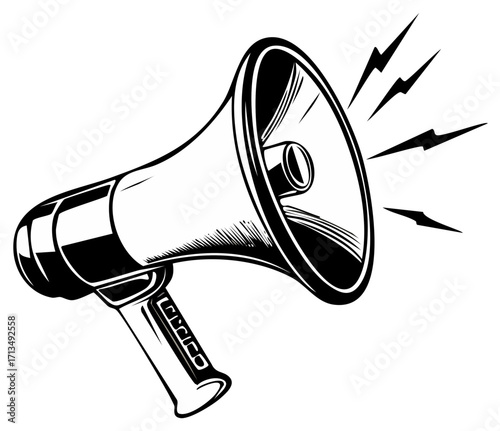 Vintage style megaphone illustration with sound waves signifying loud announcement communication attention and public address