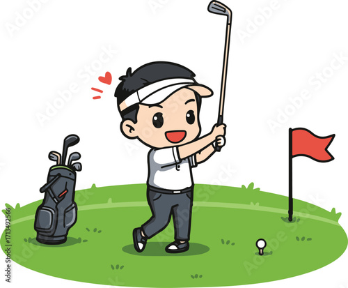 Cute chibi boy golfer in sporty outfit swinging happily. National Golf Day