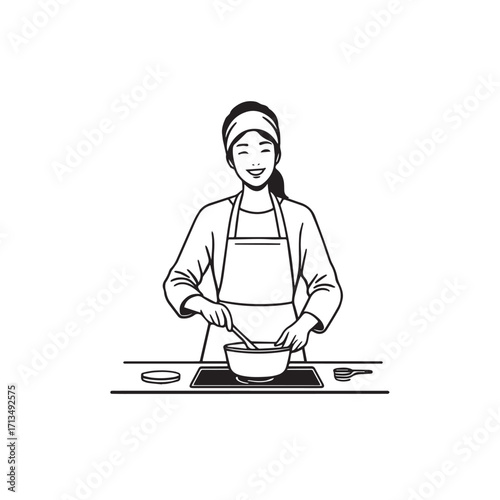 Black and White Vector Illustration of a Smiling Woman Cooking in Kitchen with Apron and Headband