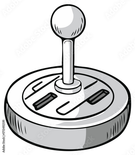 Stylized illustration of a vintage gear shifter knob and mechanism in monochrome