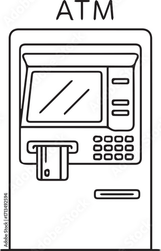 Simple ATM outline drawing for financial or banking concepts, cash machine icon with card slot, money access, great for infographics and educational content
