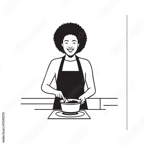 Black and White Vector Illustration of a Smiling Woman Cooking in Kitchen with Apron and Headband