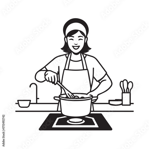 Black and White Vector Illustration of a Smiling Woman Cooking in Kitchen with Apron and Headband