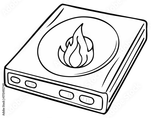 Outlined illustration of a flame symbol on a boxlike object with buttons.