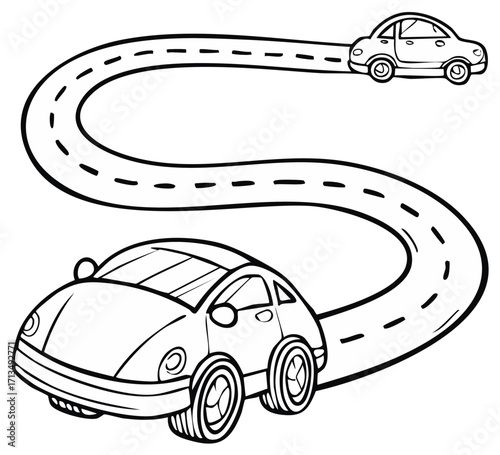 Cartoon Cars on Winding Road Illustration for Coloring Book or Page