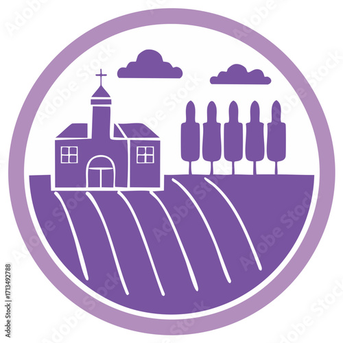 Purple church building with a cross steeple, rolling fields, and trees under clouds in a rural icon