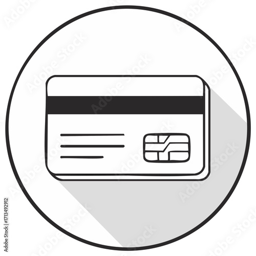 Simple line art illustration of a credit card with a chip and magnetic stripe inside a circle