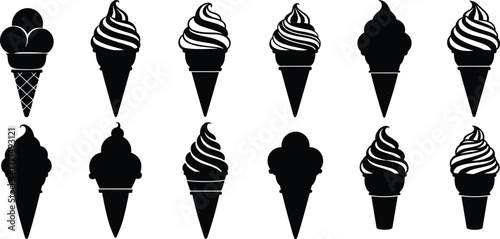Silhouette vector illustration of ice cream cones in assorted designs, black dessert icons for summer food, sweet treat decoration, graphic element