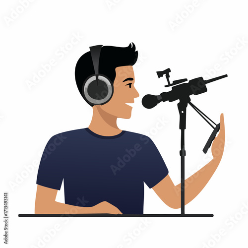 Engaging young podcaster recording show, modern design for audio content creation and media projects