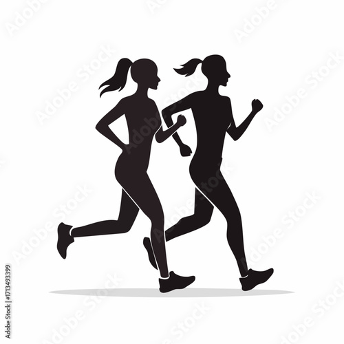 Two women jogging together, fitness motivation, sporty lifestyle, wellness journey, vector graphic