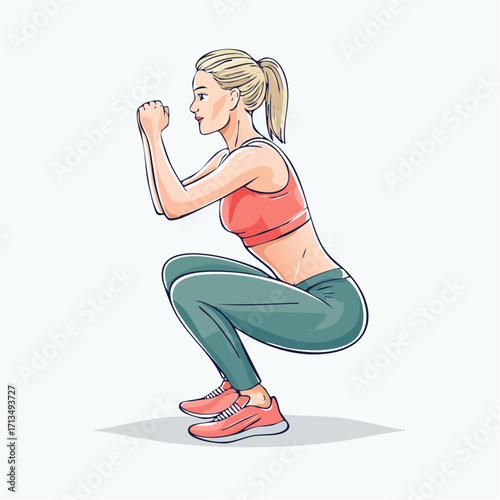 Dynamic woman doing squats for fitness and strength training at the gym or home workout
