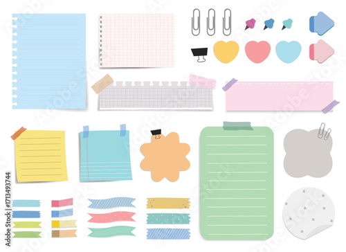 Colorful sticky notes in various shapes and sizes. Colored labels, cracked corners and notebook pages. Sticky notes with tape, clips and tape. For school, office or decoration. Vector illustration.