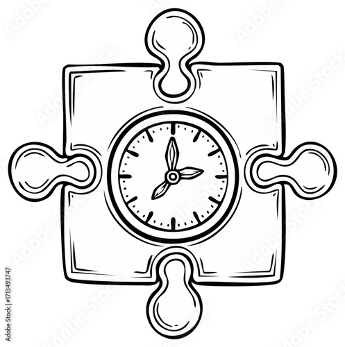 Clock Inside Puzzle Piece Hand Drawn Style Time Management Concept Solution