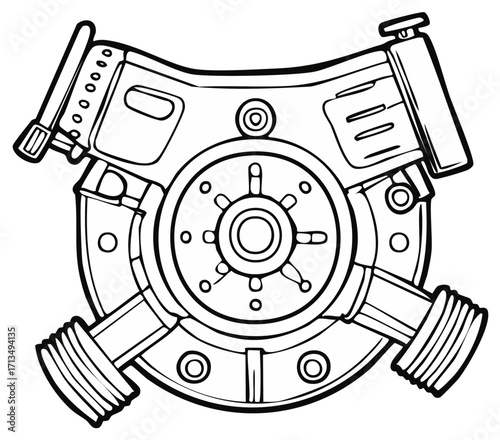 Intricate mechanical engine diagram blueprint industrial design vector line art