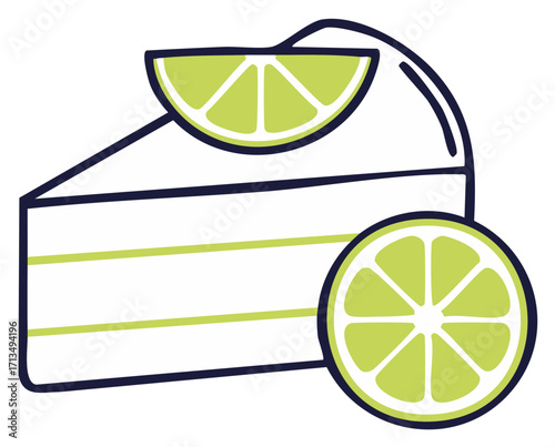 Stylized slice of cake with lime garnish and slice illustration
