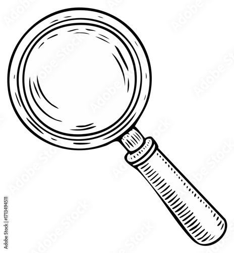 Vintage Magnifying Glass Illustration with Detailed Hatching for Close Examination and Discovery
