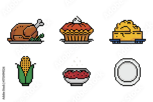 Thanksgiving pixel food collection, roasted turkey, pie slice, warm bread loaf, corn cob, berry bowl, dinner plate, vector