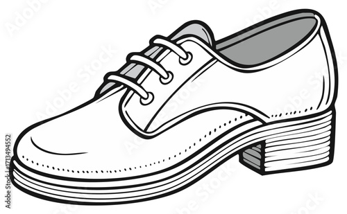 Black and white illustration of a classic lace up shoe with a chunky heel