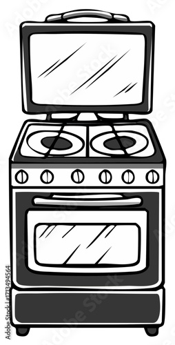 Hand drawn illustration of a modern kitchen stove with four burners and an oven door