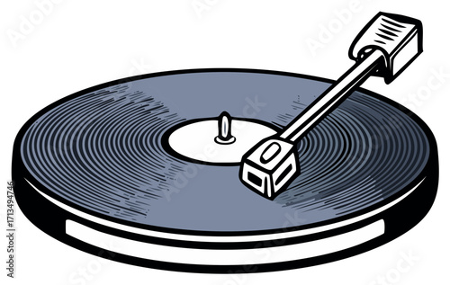 Stylized illustration of a retro vinyl record spinning on a classic turntable, representing vintage music.