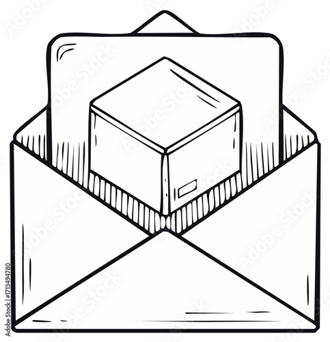 Conceptual illustration of a package being delivered inside an open envelope, symbolizing shipping and mail services.
