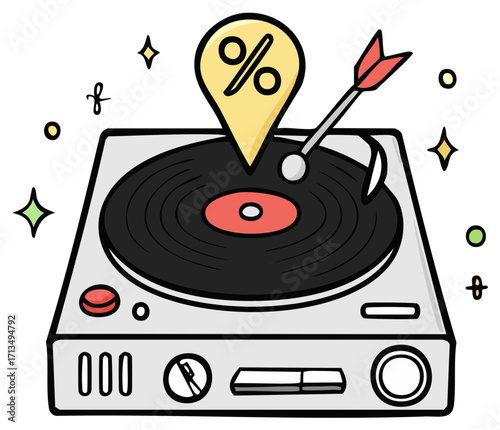 Vinyl record player with percentage target and dart concept illustration