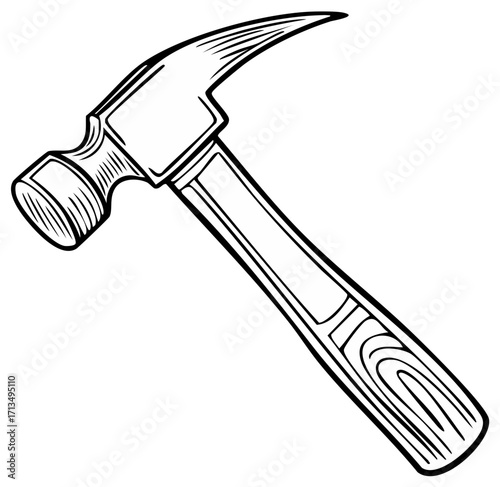 Black and White Line Art Illustration of a Claw Hammer Tool for Construction and Repair